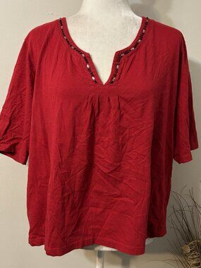 Vtg Kiara Women Red Top Beaded V-neck Short Sleeves Pleated Front Cotton Sz XL